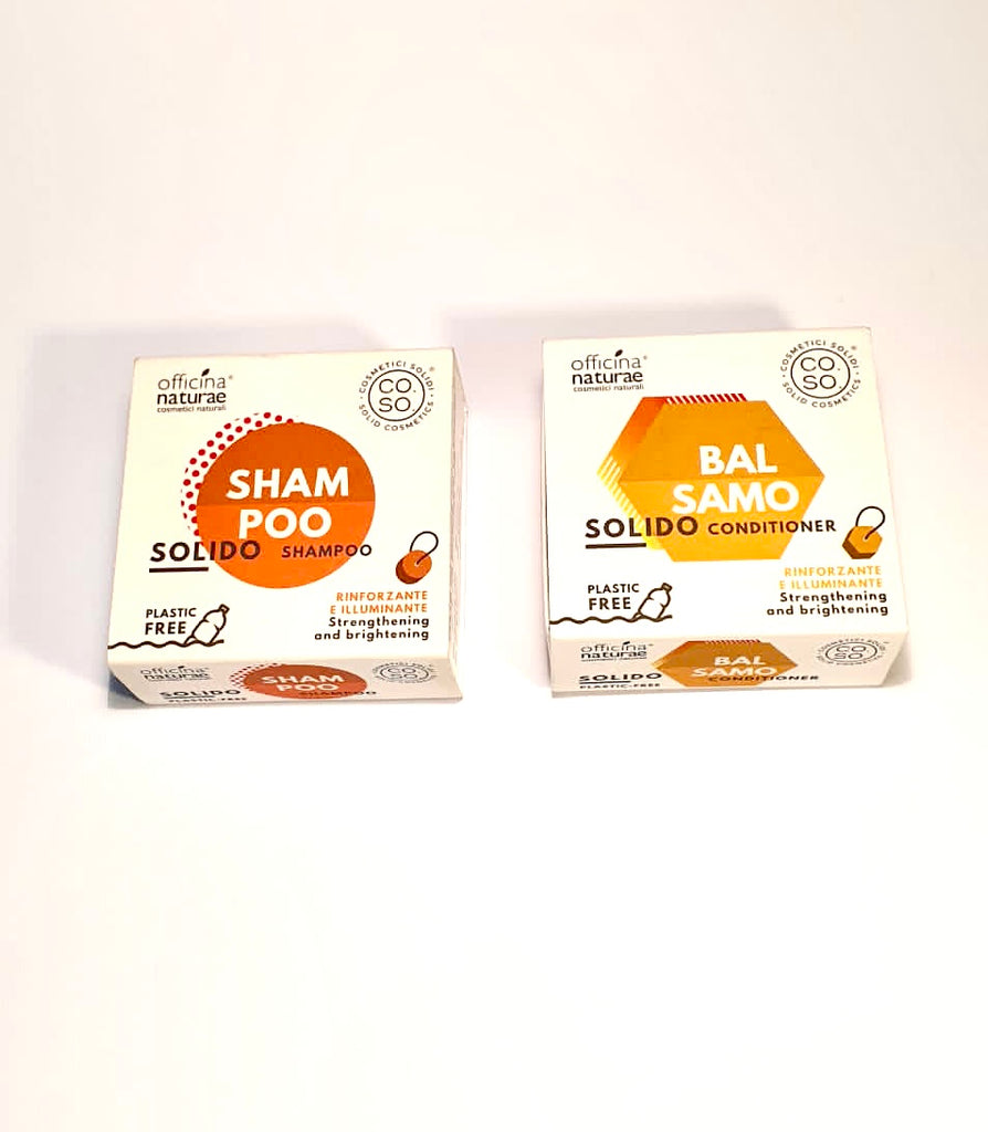 COMBO: CO.SO Shampoo Solido Rinforzante e Illuminante + CO.SO Balsamo Solido Rinforzante e Illuminante 64 gr OFFICINA NATURAE
